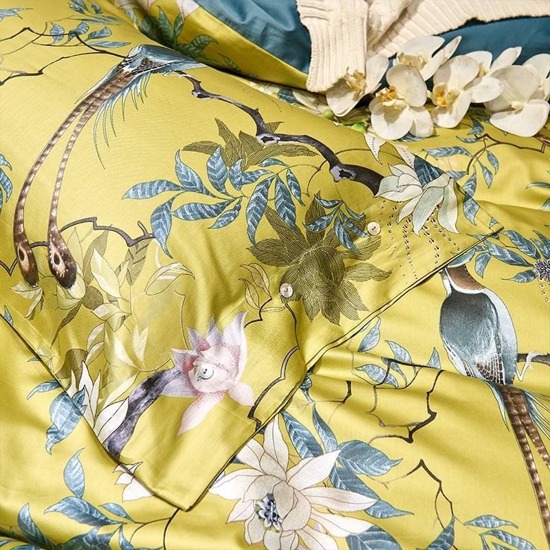 500TC Egyptian Cotton HD Print Birds Premium Soft Silky Luxury Bedding Set 4/5/6/7 Pcs Bedding Sets & Duvet Covers Home & Garden Home Textile 